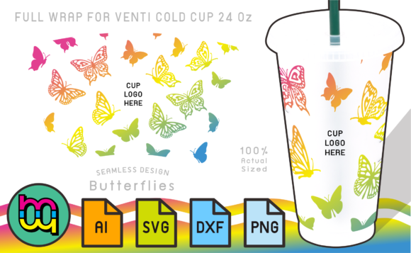 24oz Cold Cup Full Wrap Butterfly Graphics & Print Templates