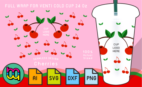 24oz Cold Cup Full Wrap Cherries Fruit Graphics