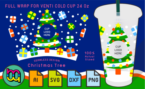 24oz Cold Cup Full Wrap Christmas Tree Graphics