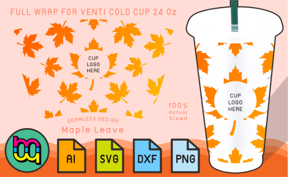 24oz Cold Cup Full Wrap Fall Maple Leaf Graphics