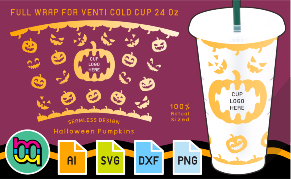 24oz Cold Cup Full Wrap Spooky Pumpkins Graphics