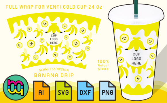 24oz Venti Cold Cup Fullwrap Banana Drip: Graphics and Print Templates