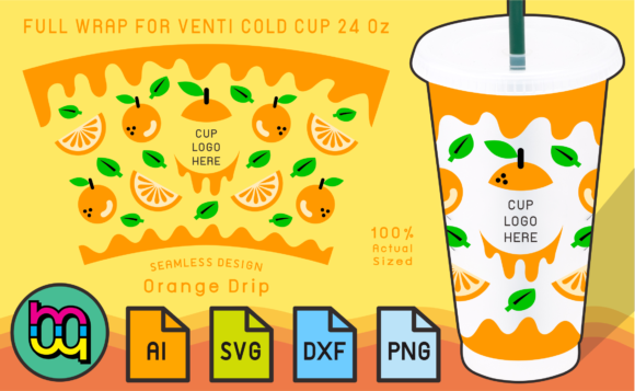 24oz Venti Cold Cup Fullwrap Orange Drip