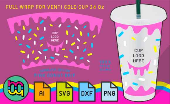24oz Venti Cold Cup Fullwrap Pink Donut Graphics