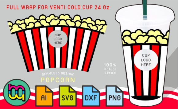 24oz Venti Cold Cup Fullwrap Popcorn: Graphics & Print Templates