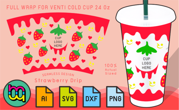 24oz Venti Cold Cup Fullwrap Strawberry Graphics