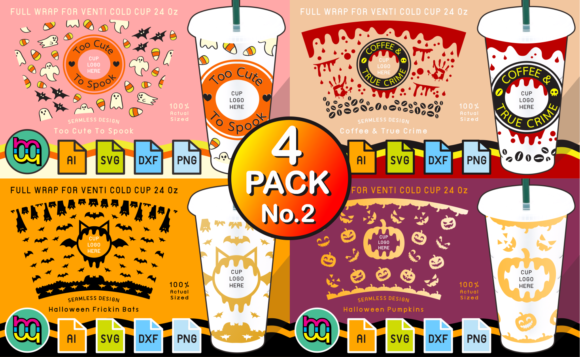 4 Pack 2 Halloween 24oz Cold Cup Wraps: Graphics & Print Templates