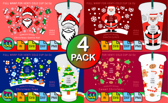 4 Pack Christmas 24oz Cold Cup Wraps: Graphics & Print Templates