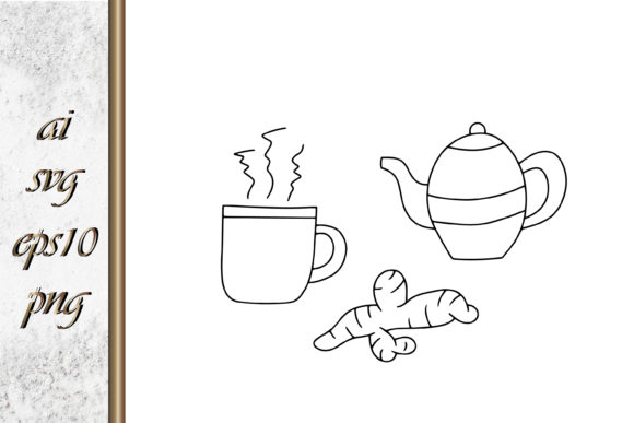Doodle Cup, Teapot, Ginger Sketch Vector Graphics