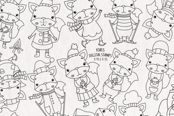 Fox SVG Digital Stamps Set of 16 Graphics and Coloring Pages Amp